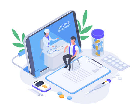 Isometric online healthcare diagnosis, medical advice mobile app. Medical workers virtual help and online diagnosis 3d vector concept illustration. Online medical examinationのイラスト素材