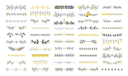 Christmas winter holiday doodle snowflakes and floral borders. Hand drawn xmas decorative dividers vector symbols illustration set. Decorative Christmas borders collectionのイラスト素材