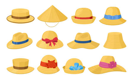 Cartoon straw hats, summer beach or farmer vintage headwear. Gardener or farm workers agricultural straw hats vector symbols illustrations set. Straw head accessoriesのイラスト素材