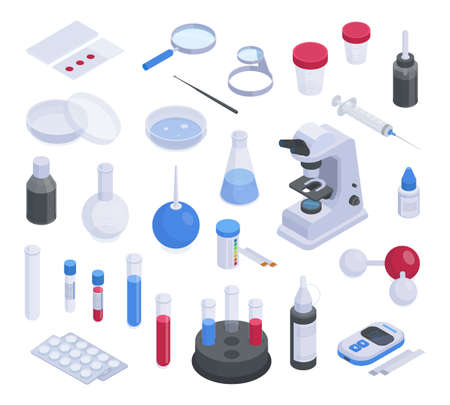 Isometric medical laboratory elements, microscope, magnifying glass and test tubes. Laboratory research scientific vector symbols illustration set. chemical lab equipmentのイラスト素材