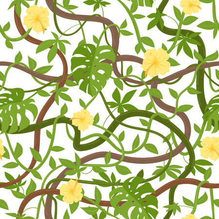 Cartoon jungle liana plants seamless pattern, creepers hanging roots. Rainforest twisted liana vines, tropical climbing sprouts vector background illustration. jungle hanging lianasのイラスト素材