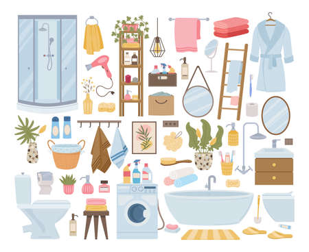 Cartoon bathroom furniture and accessories, shower, wash basin and bath textile. Bathroom interiors elements, skin care and towels vector illustrations set. Contemporary bathroom collectionのイラスト素材