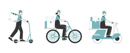 Delivery service workers, courier driving bike and scooter. Courier characters receiving parcels vector background illustration. delivery conceptのイラスト素材