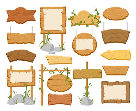 Cartoon sign boards, wooden signs, rustic banners and borders. Wooden rustic signboards with leaves and blank posters vector symbols set. Vintage pathfinding bannersのイラスト素材