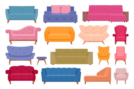 Cartoon sofas, armchairs and cushions, soft living room furniture. Trendy cozy house interior elements vector symbols illustration set. Modern couches collectionのイラスト素材