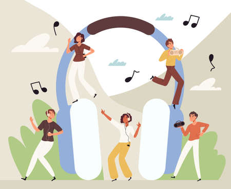 Happy people listening to music near big headphones, dancing music lovers. Teenagers dancing and listening to music flat vector illustration. Music addiction conceptのイラスト素材