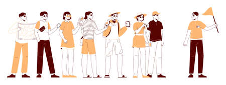 Touristic group with guide city sightseeing, travelling concept. Tourists explore interesting places vector background illustration. City excursion sceneのイラスト素材