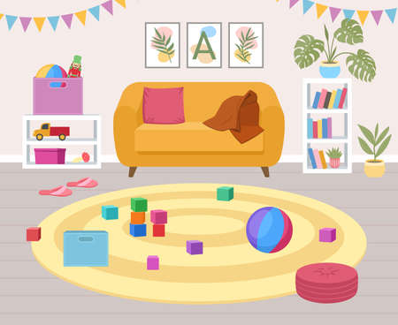 Cartoon children play nursery room, kindergarten interior. Kids playroom with cozy carpet, baby leisure rug room vector illustration. children playroom furnishingのイラスト素材