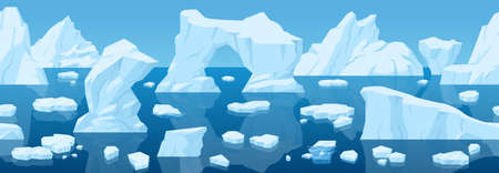 Cartoon arctic iceberg landscape, frozen ice seamless background. Winter snow ice view, cold blue glaciers landscape vector illustration. Antarctic ice panoramaのイラスト素材