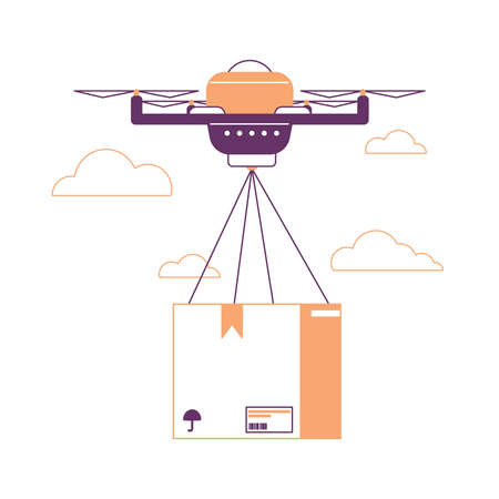 Flying delivery drone, quadcopter cargo transportation courier. Flat drone delivery service, smart delivery transport vector illustration. Express drone shipment conceptのイラスト素材