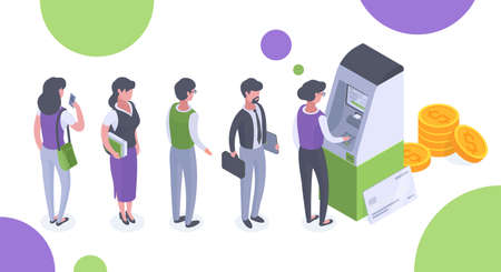 People line up near atm machine, cash transactions concept. Characters waiting in ATM terminal queue 3d vector illustration. Payments and funds transfersのイラスト素材