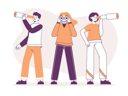 Business people with binoculars searching employees or vacancies. Office workers looking for candidates with spy glass flat vector illustration. Search for business opportunities or ideasのイラスト素材