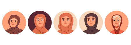 Beautiful muslim girls portraits, stunning Arabic women flat avatars. Fashionable women faces, cute...