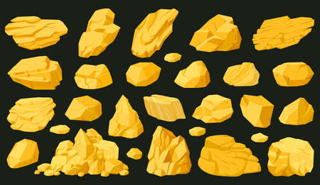 Gold mine nuggets, cartoon golden shiny stones. Yellow golden jewel nuggets vector symbols illustration set. Golden treasure rocks collectionのイラスト素材