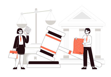 Judgment law, notary concept, court legal documents. Law firm or court workers with lawyer gavel and legal documents flat vector illustration. Professional advocate officeのイラスト素材