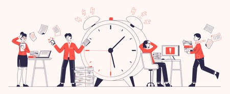 Work deadline, stressed office workers bad time management. Busy business people deadline flat outline vector illustration. office deadline sceneのイラスト素材