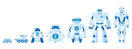 Cartoon robots evolution from primitive to technological cyborg. Robots improvement, simple bots evolve to innovation technology machines flat vector illustration. digital cyborgs evolutionのイラスト素材