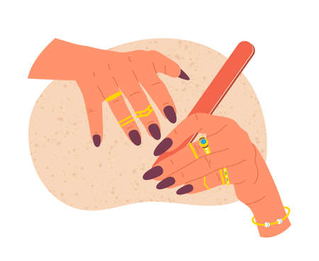 Cartoon female manicured hands, girl polishing nails. Manicure salon nail care routine, nail polishing procedure flat vector illustration. Trendy manicure conceptのイラスト素材