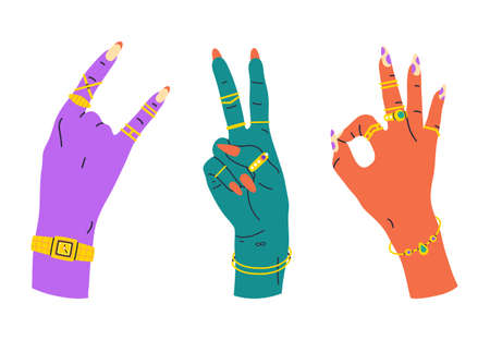 Cartoon hands with positive gestures, golden jewelry and cute manicure. Female manicure salon nail design vector background illustration. Colorful hands with manicureのイラスト素材