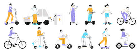 People riding electric vehicles, eco transport, scooter and bicycle. Man and woman ride gyroscooter, skateboard or motorbike flat vector illustration collection. Eco friendly transportation ridersのイラスト素材