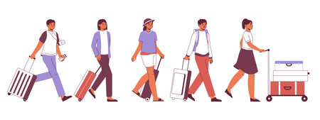 Walking tourist characters, travelers hurry with suitcase and backpack. Flat travelers people, tourist in airport or railway station vector illustrations set. travelers sceneのイラスト素材