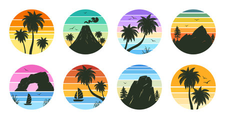 Cartoon retro gradient emblems, sunset 80s style badges. Summer beach palm trees landscape 90s round stamps flat vector illustration set. Tropical sunset gradient symbolsのイラスト素材