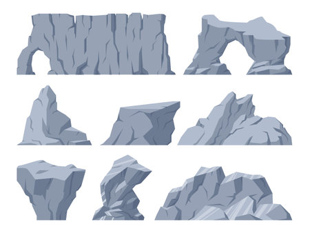 Cartoon rock stones, heavy gray gravel stones. Mountain rocks, cobblestones and boulders flat vector illustrations collection. Gray rock stones setのイラスト素材