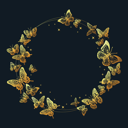 Golden butterflies frame, gorgeous butterfly wedding decoration. Gold butterfly wreath, exotic insects circle flat vector background illustration. Flying gorgeous butterflies elementのイラスト素材