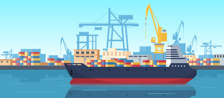 Cartoon cargo dock, industrial sea shipping port. Sea harbor, cargo logistics barge ships, water trucking industry transport vector illustration. Flat industrial port conceptのイラスト素材