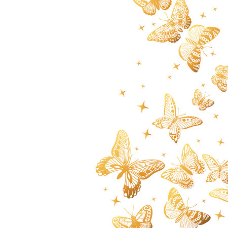 Cartoon golden butterflies pattern, gorgeous butterfly background. Flying golden butterfly flock, gorgeous exotic moths flat vector background illustration. Butterflies backdropのイラスト素材