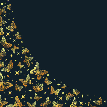 Cartoon golden butterflies silhouettes background, flying butterfly pattern. Gorgeous gold butterfly flock, exotic insects flat vector background illustration. Butterflies backdrop designのイラスト素材