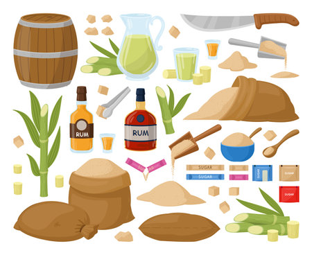 Brown sugar, cartoon sugarcane plant, sweet ingredient heap. Natural product sack or barrel, cane, knife and rum bottles flat vector illustration set. sugar production industryのイラスト素材