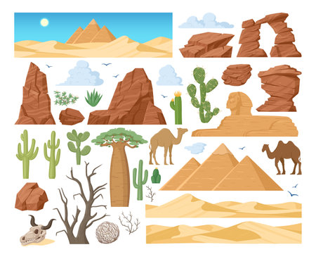 Cartoon desert dunes, tumbleweed, sand stones, cactus plants. Cartoon sand landscape elements, western desert view flat vector symbols set. Desert constructor elementsのイラスト素材