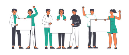 Peaceful protesters, activists people holding placards. Political rally, demonstration or protest march activists group flat vector illustrations set. Protesting activists scenesのイラスト素材