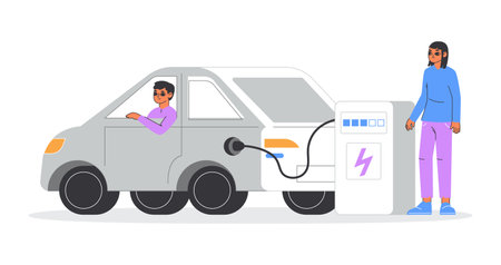 Electric car charging, electricity energy environmental care concept. Nature friendly vehicle plugged to charger station flat vector illustration. Charging electric carのイラスト素材
