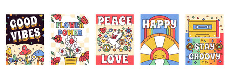 Cartoon groovy covers, 70s retro hippie elements posters. Psychedelic vintage stickers poster,...