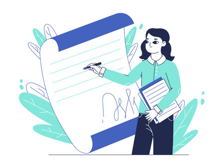 Business contract singing, electronic signature concept. Female office character sign documents, official paper signing flat vector illustration. business deal documents singingのイラスト素材