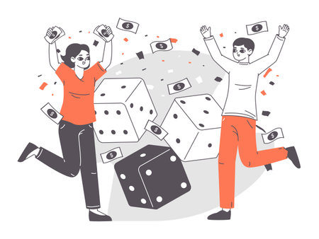 Lucky casino, poker players, gambling people concept. Outline roulette and poker winning, fortune game happy winners flat vector background illustration. Game winning conceptのイラスト素材