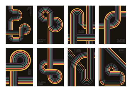 Retro abstract geometric posters, 70s striped backgrounds. Linear vintage 1970s halftone texture flat vector background set. vintage color backdropsのイラスト素材