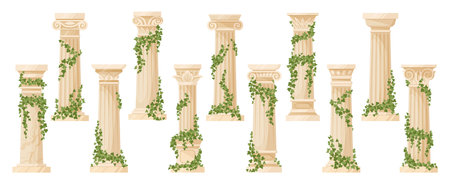 Cartoon ancient ivy-covered greek column. Ancient roman pillars with climbing ivy branches flat vector illustration set. Antique foliage decorated columns collectionのイラスト素材