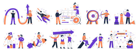 Company growth, leadership and business goal. Corporate strategy marketing, profits and goal achievement flat vector illustrations set. Marketing strategy scenesのイラスト素材