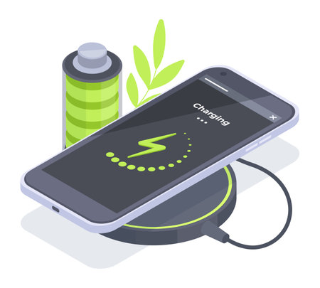 Isometric charging smartphone, wireless charger concept. Cellphone dedicated station, wireless device technology 3d vector illustration. power bank chargingのイラスト素材