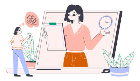 Flat online medical service, doctor assistance platform. Therapy session video call, doctor and patient conversation flat vector illustration. Psychological service conceptのイラスト素材