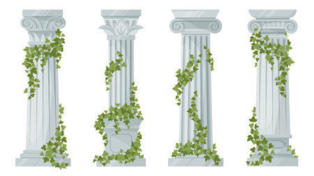 Antique ivy-covered classic greek columns. Cartoon ancient roman pillars with climbing ivy branches isolated flat vector illustration on white backgroundのイラスト素材