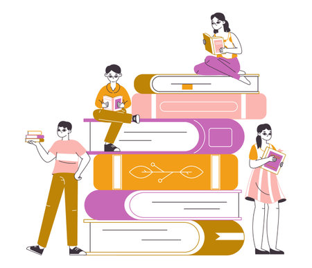 Book pile, reading literature lovers. People read books, entertaining and educational book fair flat vector illustration. Literature fans conceptのイラスト素材