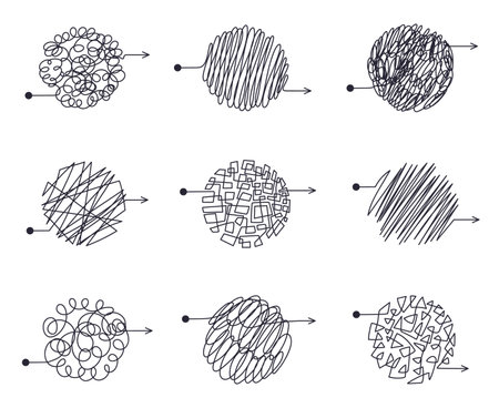 Chaotic mindset scribbles, doodle maze lines. Confused mind freehand scribbles, messy complicated thought process flat vector illustration set. Round chaos maze linesのイラスト素材