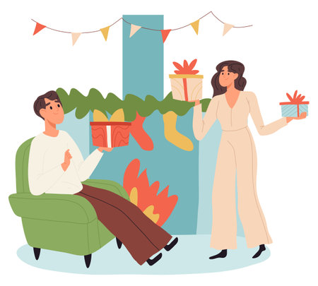 Happy xmas celebrating people, Christmas party festive preparation. Winter holiday celebration, xmas winter activities isolated flat cartoon vector illustration on white backgroundのイラスト素材