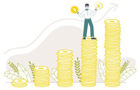 Rich man standing on money stacks, economic development concept. Financial well-being, salary increase, rich guy isolated flat vector illustration on white backgroundのイラスト素材