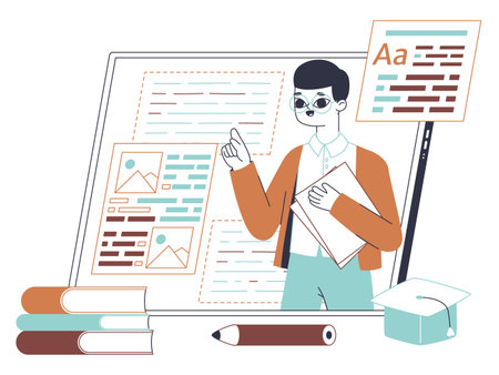 E-learning service, online school education, web class. Teacher on gadget screen provide educational service, studying web platform app isolated flat vector illustration on white backgroundのイラスト素材