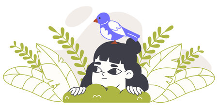 Spying cute girl, peeping curious child with bird. Girl looking out from bushes, searching female character isolated flat vector illustration on white backgroundのイラスト素材